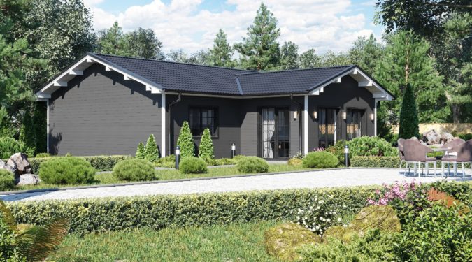 Une maison préfabriquée moderne avec un design épuré et des matériaux écologiques.