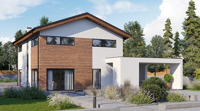 Une maison préfabriquée moderne avec des finitions élégantes et une efficacité énergétique élevée.
